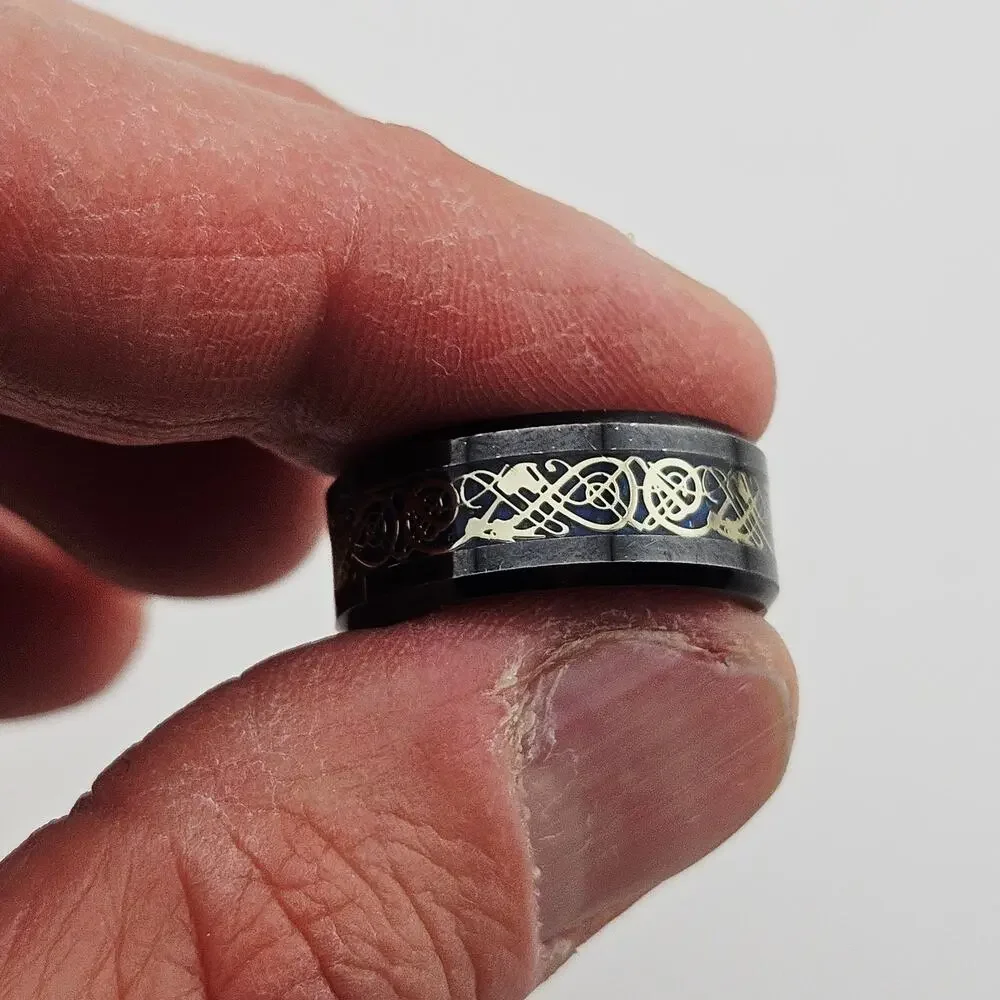Tungsten Carbide Ring Band Black Gold Celtic Renaissance Style Pattern Size 6